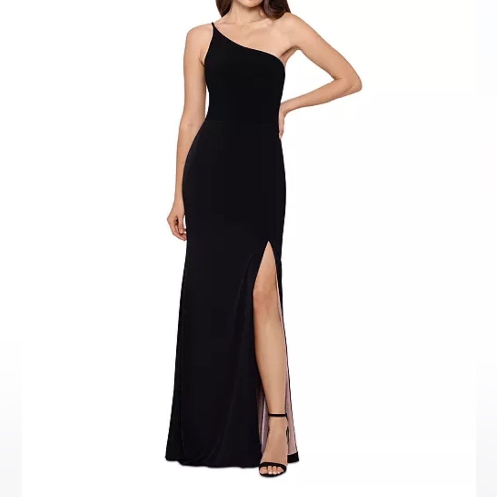 XSCAPE Women’s One Shoulder Long Sheath Dress | Black/Nude | Size 6